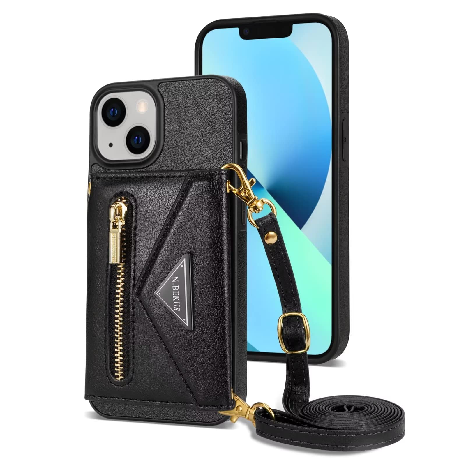 ESONG Wallet Case for iPhone 14 Plus,Magnetic Protective Case,Premium PU Leather Shockproof Phone Cover,with Card Slots,Kickstand,Adjustable Crossbody Lanyard Strap for iPhone 14 Plus,Black