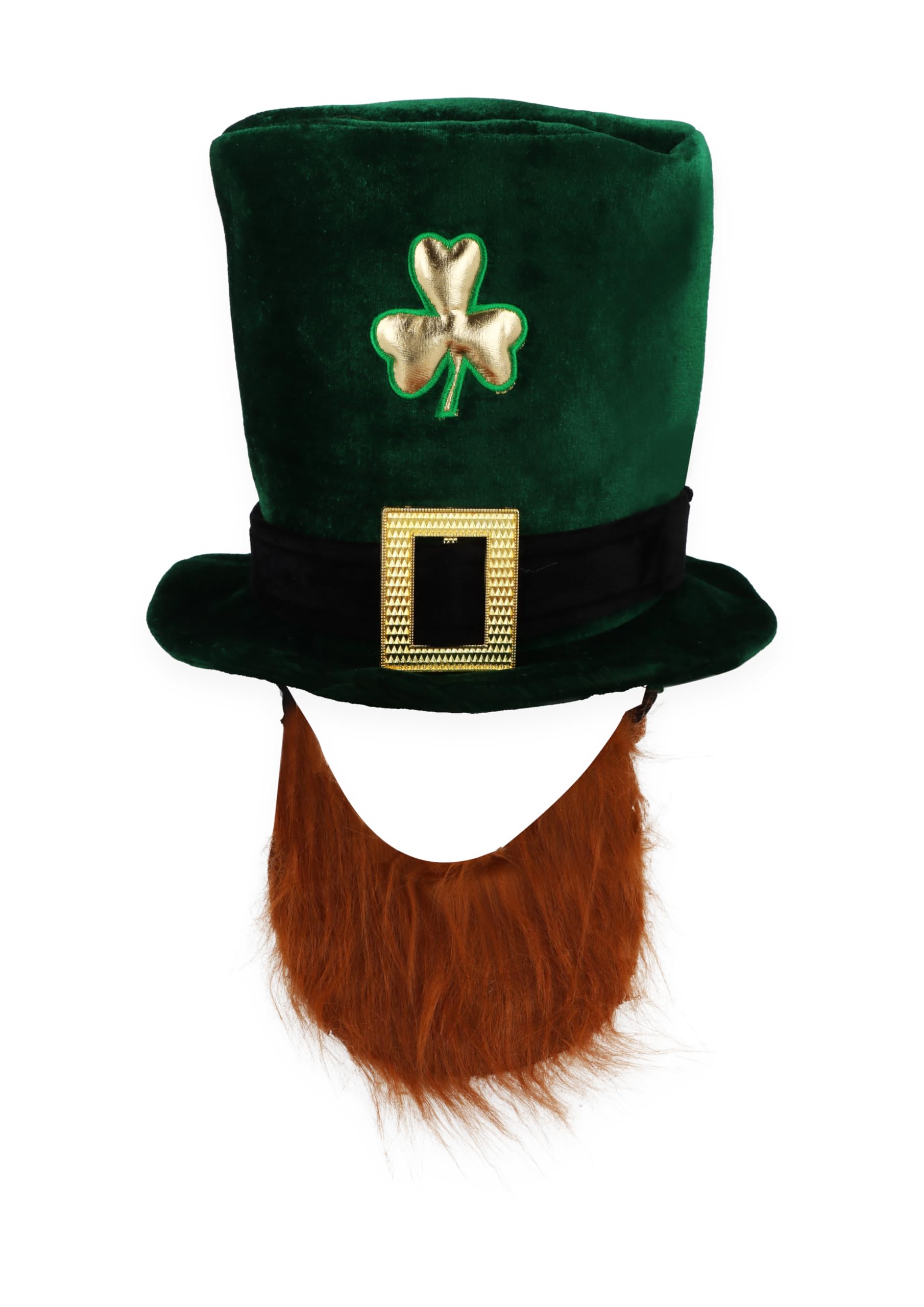 HENBRANDT Deluxe Adult Velvet Leprechaun Top Hat with Attached Ginger Beard - St Patrick's Day Irish Fancy Dress Costume Accessory with Gold Shamrock