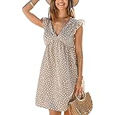 CUPSHE Womens Summer Dress V Neck Flutter Sleeve Casual Flowy High Waist Short Beach Mini Dress
