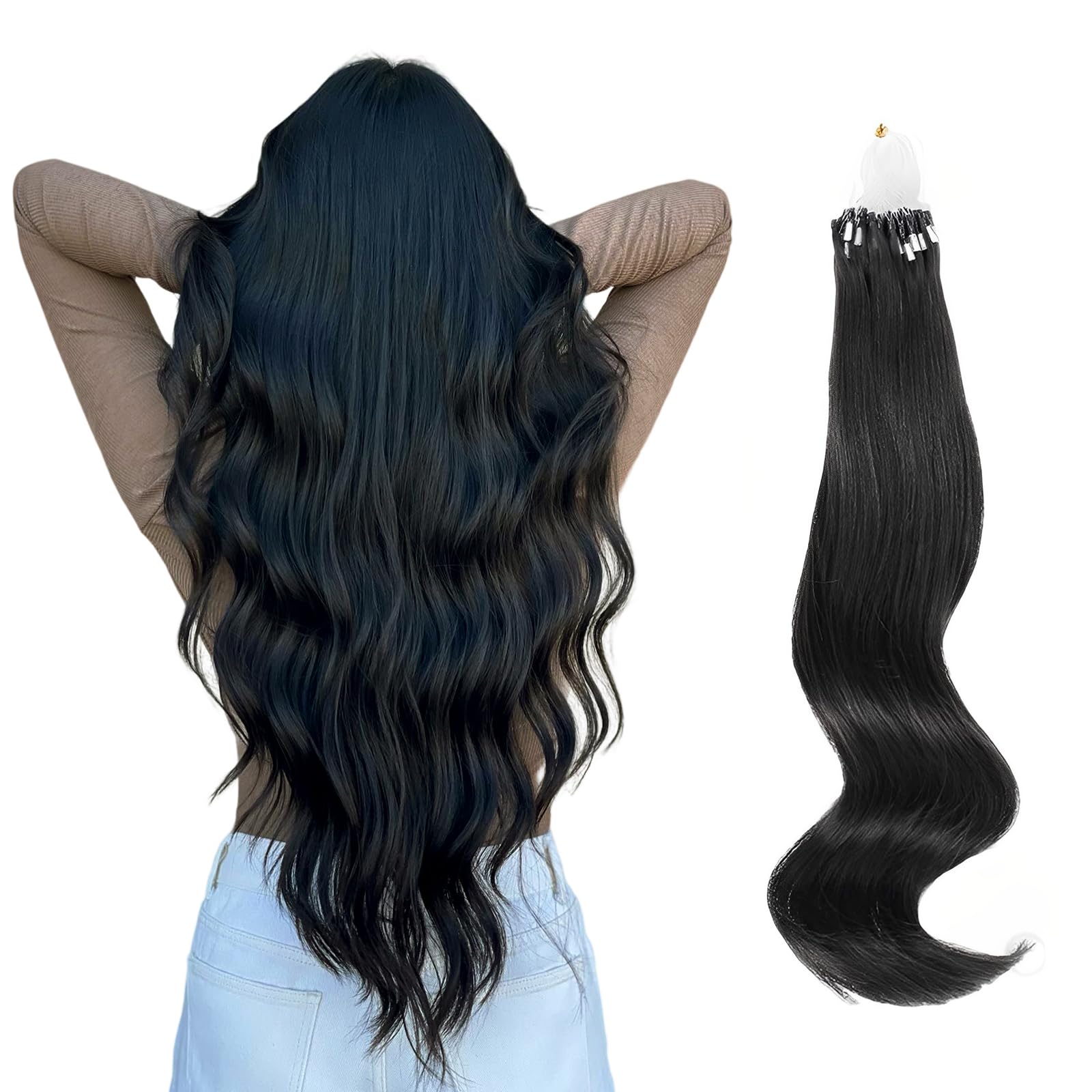 ABH AmazingBeauty Hair Micro Ring Hair Extensions Black Micro Loop Hair Extensions Remy Human Hair #1 Jet Black Extensions Hair Micro Beads Pre Bonded Hair Extensions Straight 50g 50strands 18 Inch — image 1