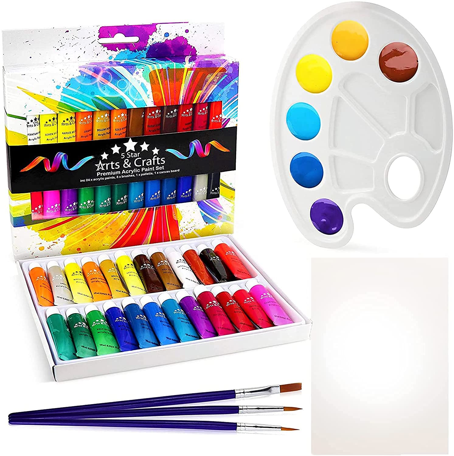 Premium Acrylic Paint Set 24 Paints, 3 Paint Brushes, Canvas & Palette. Non Toxic. Paper, Canvas, Rock, Wood, Ceramic & Fabric. Vibrant Pigments for Beginners, Professional Artists, Kids & Adults.