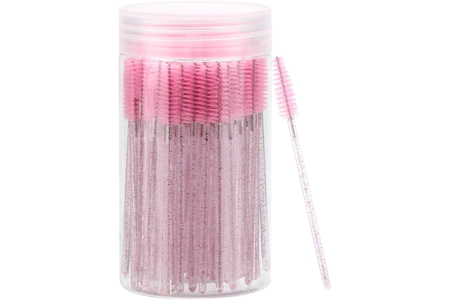 100 Pcs Disposable Mascara Wands, Crystal Eyebrow Spoolies Brush for Eyelash Extensions, Pink Lash Brushes with Container
