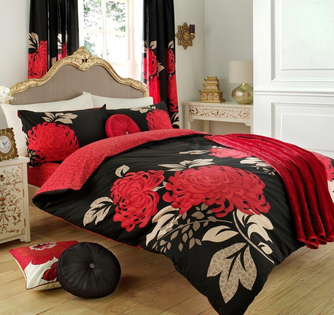 Gaveno Cavailia Kew Luxurious Bed Set with Duvet Cover and Pillow Cases, Polyester-Cotton, Double-Black/Red