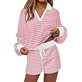 Tankaneo Womens Striped 2 Piece Outfits Casual Sweatshirt short Set Long Sleeve Workout Set Matching Lounge Sets