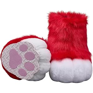 Fursuit Feetpaws Shoes, Plush Red White Furry Animal Paw Slippers with Anti-Slip Sole for Cosplay Costume