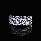 925 Sterling Silver Shiny Full Diamond Ring 18K Gold Sapphire Cocktail Ring Blue Cubic Zirconia Promise Rings CZ Diamond Multi Row Ring Eternity Engagement Wedding Band Ring for Women Z.5 (US Code 6)