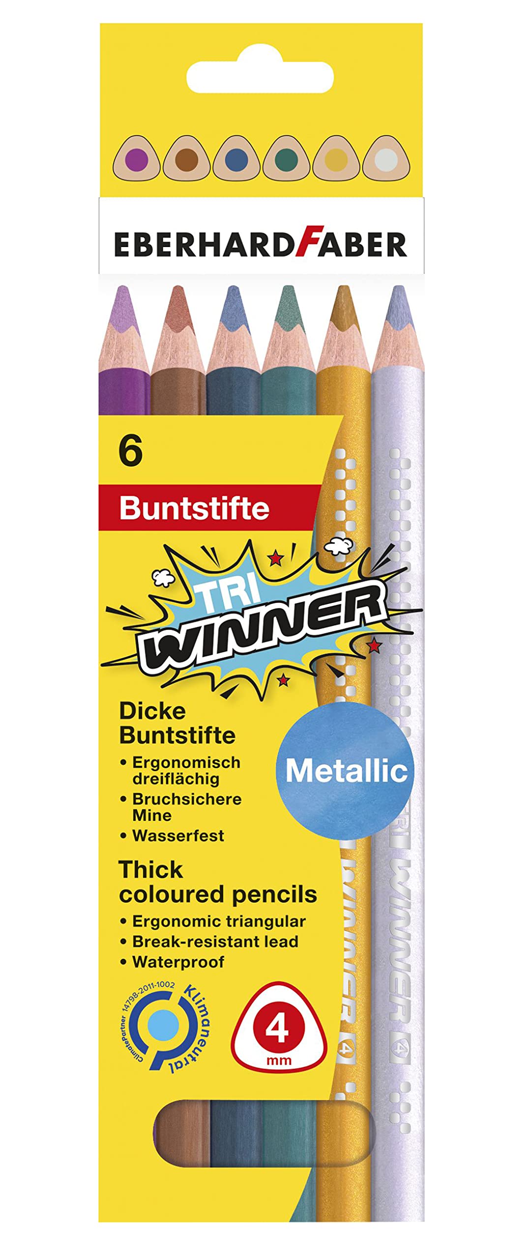 Eberhard Faber TRI Winner 518305 Colouring Pencils in 6 Shiny Metallic Colours, Shatterproof and Ergonomic Triple Surface