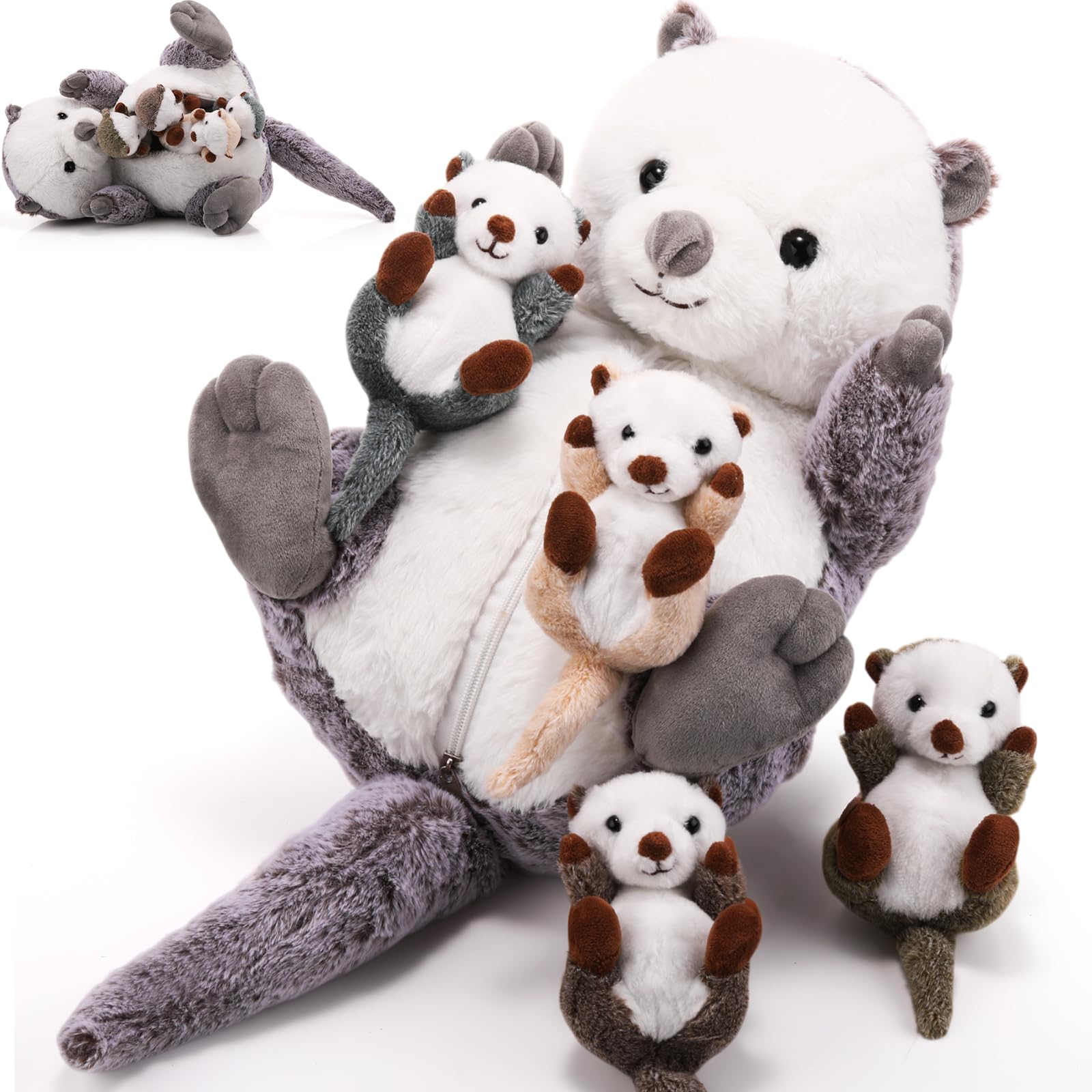 Photo 1 of Shappy 5 Pcs Sea Otter Stuffed Animals Large Mommy Sea Otter Stuffy Plush with 4 Cute Babies in Her Zippered Belly Soft Cuddly Plushies for Boys Girls Birthday Gifts Ocean Party Decors(Gray)
