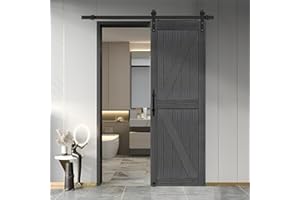 S&Z TOPHAND® 26in x 84in MDF Deep Gray British Brace Knotty Barn Door with 5FT Sliding Door Hardware Kit/Simple Assembly is Required
