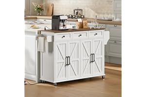 RALGEND Kitchen Island with Drop Leaf & Power Outlet, Rolling Kitchen Island Cart On Wheels, Barn Door Kitchen Island Table with Storage and Tower Rack, Island Table for Kitchen, White and Walnut
