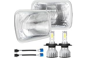 IHNZCB 7X6 Inch H6054 Glass Square Headlight Housing + H4/9003 High Low Beam Bulbs for Cars,Truck and Van,Halogen Sealed High Low Dual Beam,OEM Style Original Classic Look Conversion Assembly Pair Kit
