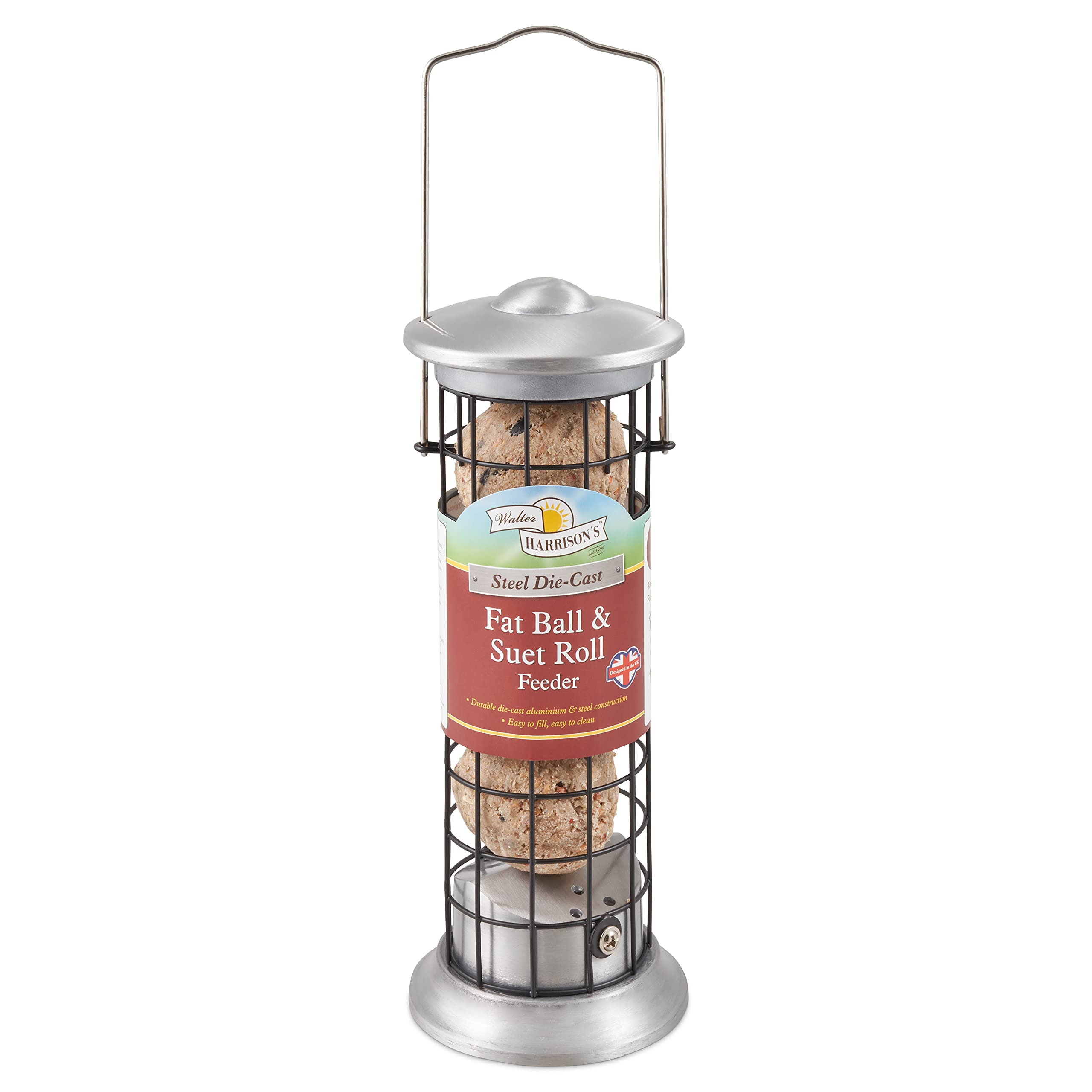 Walter Harrison's Steel Plated Die Cast Wild Bird Suet Roll and Fat Ball Hard-Wearing Hanging Feeder - 20 cm