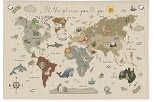 Wheatwin World Map Bannr for Kids, World Maps for Wall, World Map Cute Animal Educational Tapestry Wall Hanging Banner Flag Decor for Kids Room Classroom 20x30