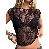 MakeMeChic Women's Floral Lace Tee Shirts Mesh Sheer Cap Sleeve Y2K Crop Concert Tops New Years Eve Outfit