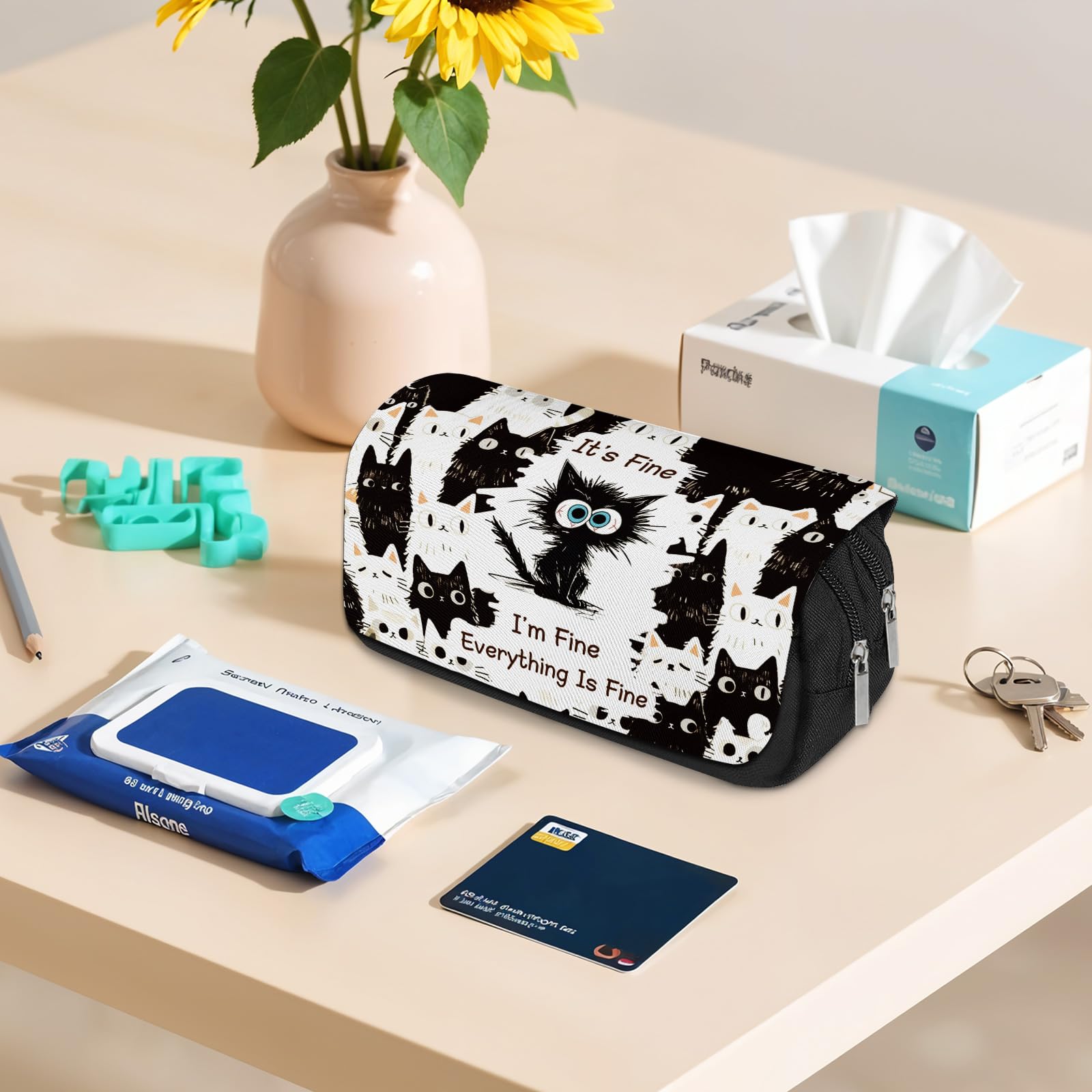 Cat Pencil Case for Boys Girls Cartoon Black Cat I'm Fine Pencil Pounch Large Capacity Flip Top Pen Bag with Zipper Back to School Supplies Cats Themed Pen Holder Office Student Stationery Box