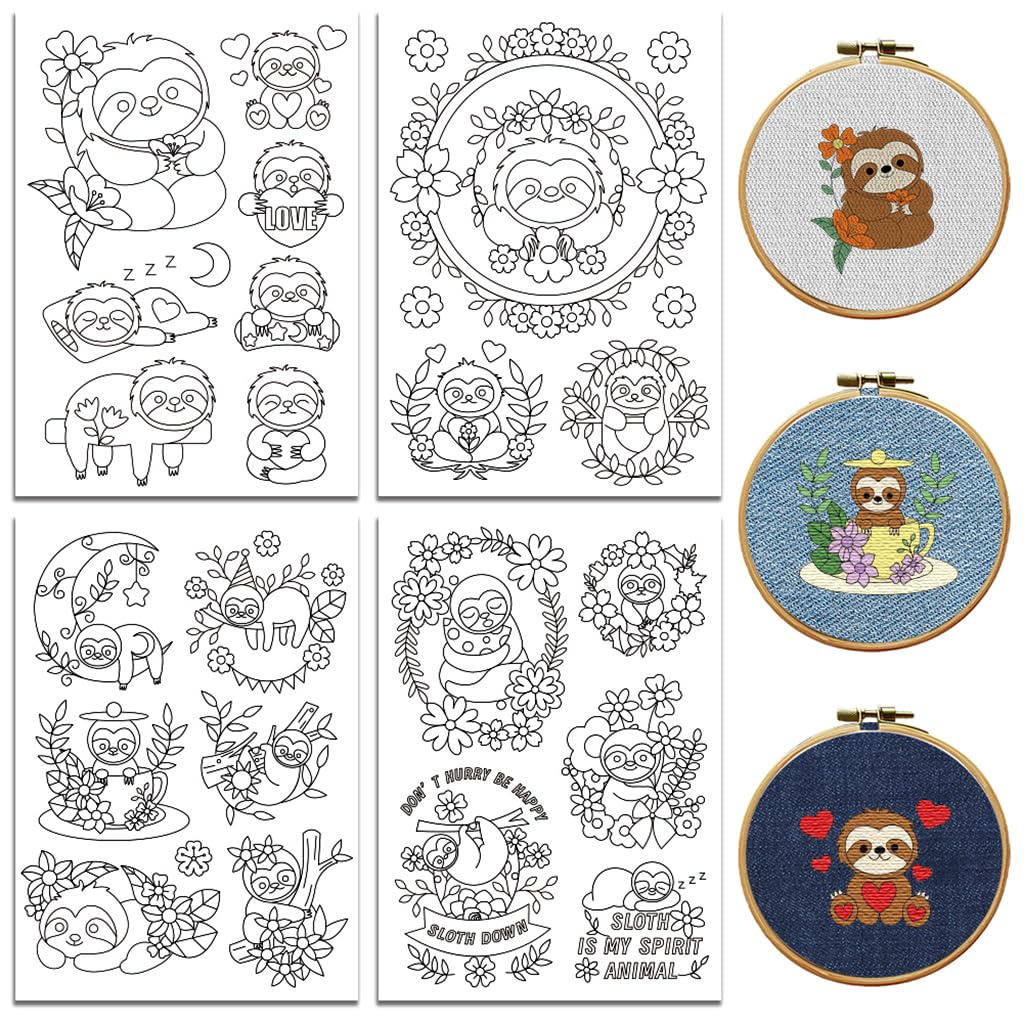 peacoblue Water Soluble Embroidery Patterns for Beginners 4 Sheets Sloth with 33pcs Patterns, Wash Away Stick and Stitch Dissolvable Embroidery Paper for Hand Sewing Lovers Women Adult