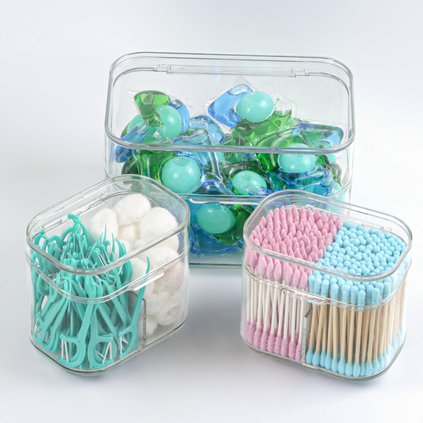 Photo 1 of ***MISSING PARTS***
Clear Bathroom Organizer, 2-Size Essentials Set for Hail Accessories & Beauty Supplies,Cotton Swabs,Balls,Pads - Small Clear Plastic Canister Apothecary Jar Set, Vanity Makeup Storage Organizer (L+2S)