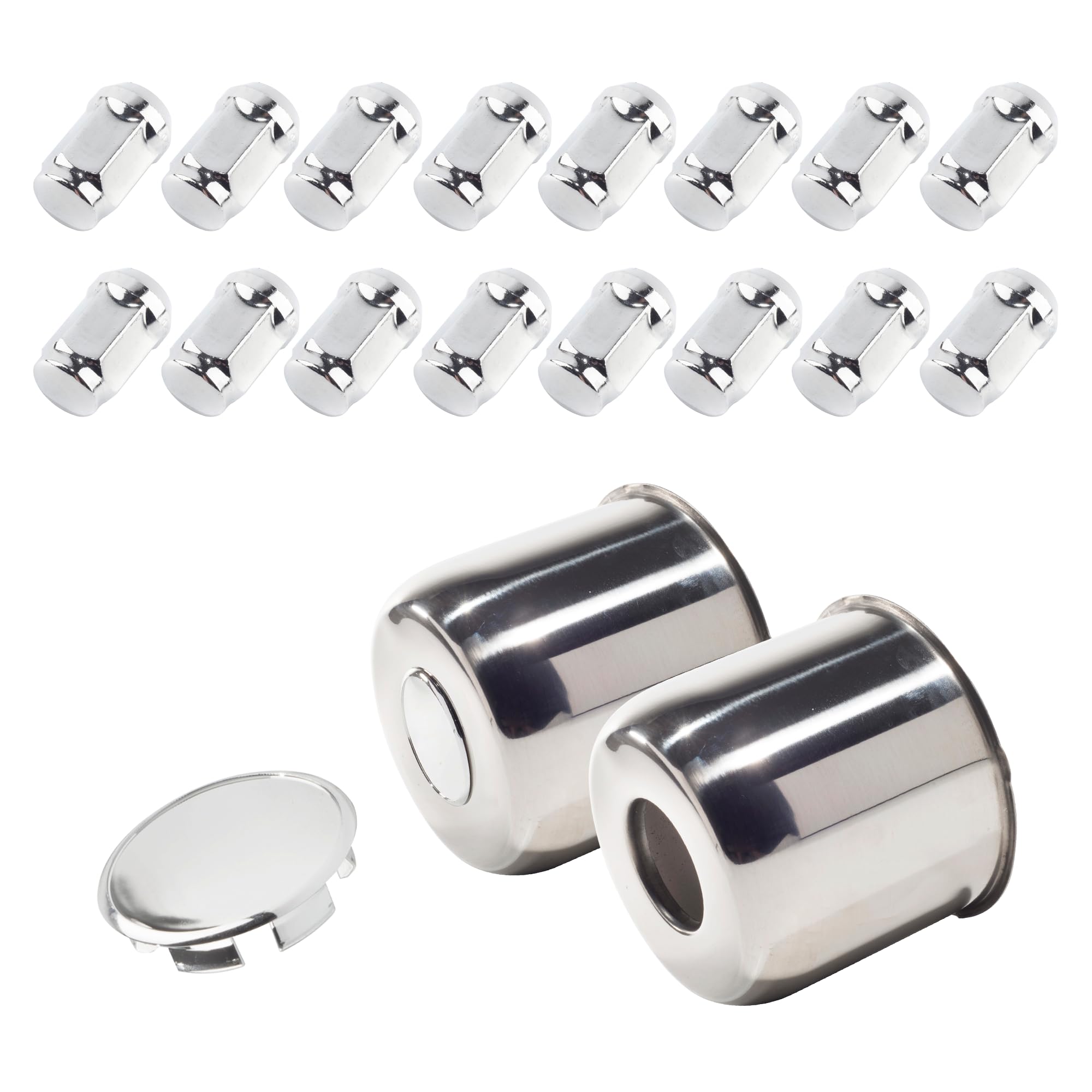 Photo 1 of HowioZil 2-Pack Trailer Push Through Center Caps and Trailer Wheel Lug Sets - 4.88in Wheel Center Caps Chrome Wheel Cover Stainless Steel Hub Cap with 16 One-Piece Chrome Lug Nuts for Truck RV?