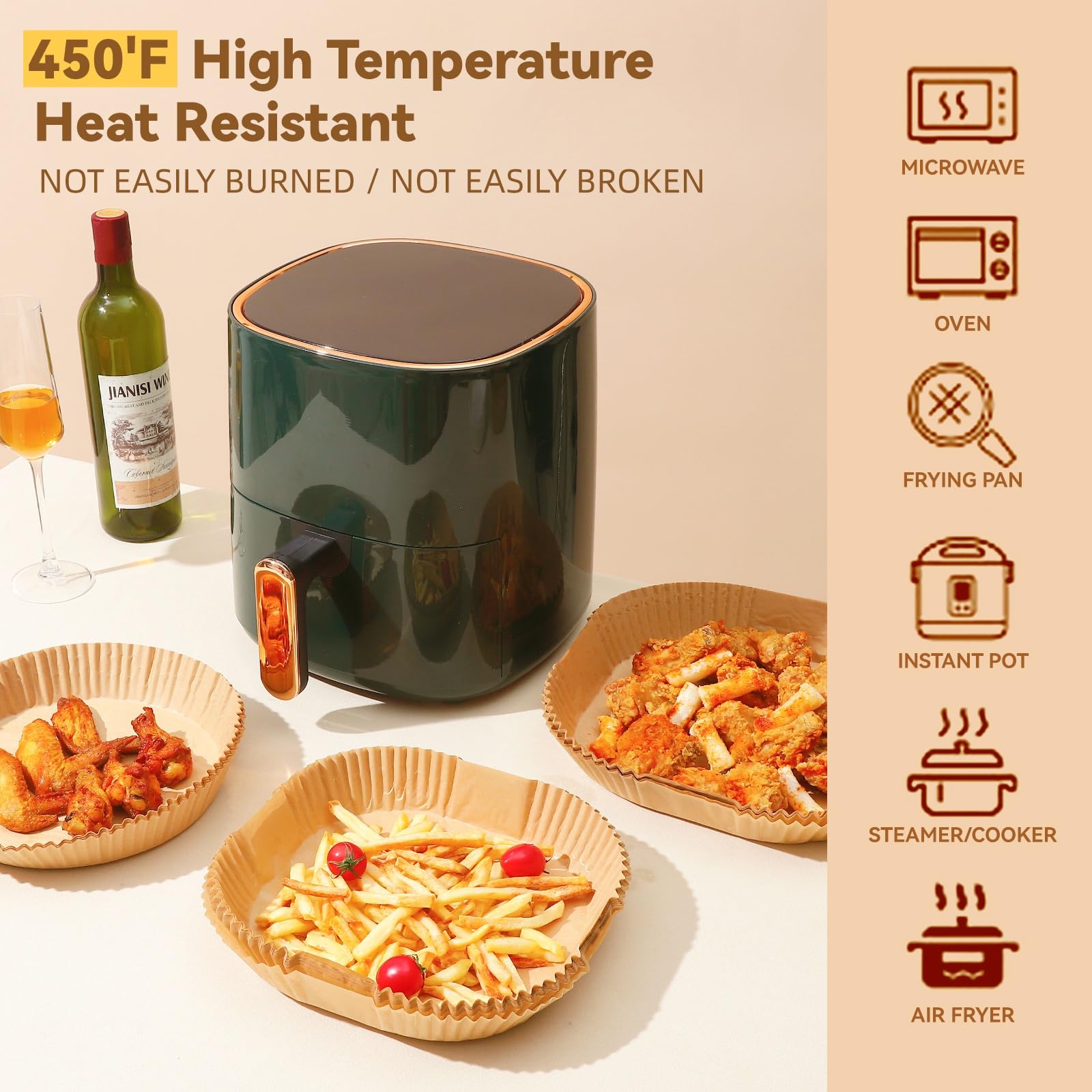 Air Fryer Liners Disposable, Parchment Paper for Baking 9inch Round, 125pcs Non-Stick Parchment Sheets for Air Fryer Basket, Microwave, Oil-proof and Water-proof for Easy Cleanup