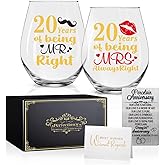 Perfectinsoy 20 Years of Being Mrs Always Right Wine Glasses Set of 2 with Metallic Memorial Card, 20th Wedding Birthday Gifts for Parents, Wife, Soulmate, Couple, Funny 20 Years Milestone Gift