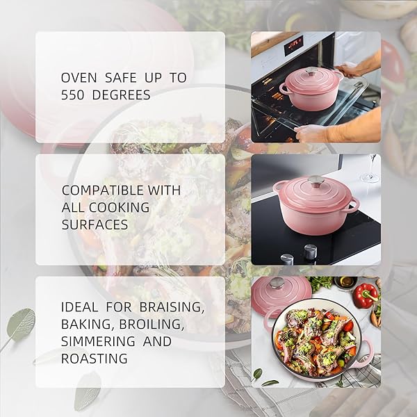 3 QUART DUTCH OVEN ENAMELED CAST IRON WITH LID – BIG DUAL HANDLES – OVEN SAFE UP TO 500°F – CLASSIC ROUND POT FOR VERSATILE COOKING PINK