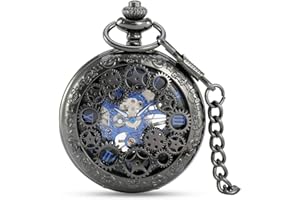 Avaner Steampunk Retro Half Hunter Copper Gear Skeleton Hand Wind Mechanical Roman/Arabic Numeral Analog Display Pocket Watch with 14" Chain