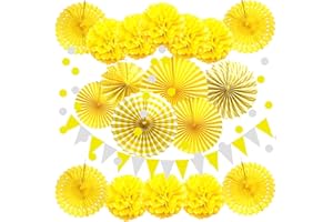 ZERODECO Party Decoration, 21 Pcs Yellow Hanging Paper Fans Pom Poms Flowers, Garlands String Polka Dot and Triangle Bunting Flags for Minnie Mouse Birthday Parties Baby Showers Wedding