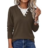 WIHOLL Lightweight Sweaters for Women Long Sleeve Knitwear | 2 in 1 Neck, Decorative Buttons, Striped, Color Block
