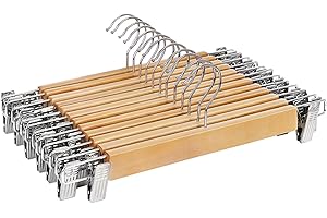 SONGMICS Wooden Pants Hangers 12 Pack, Pants Hangers with Clips, Adjustable Anti-Rust Metal Clips, 360° Swivel Hook, Skirt Ha