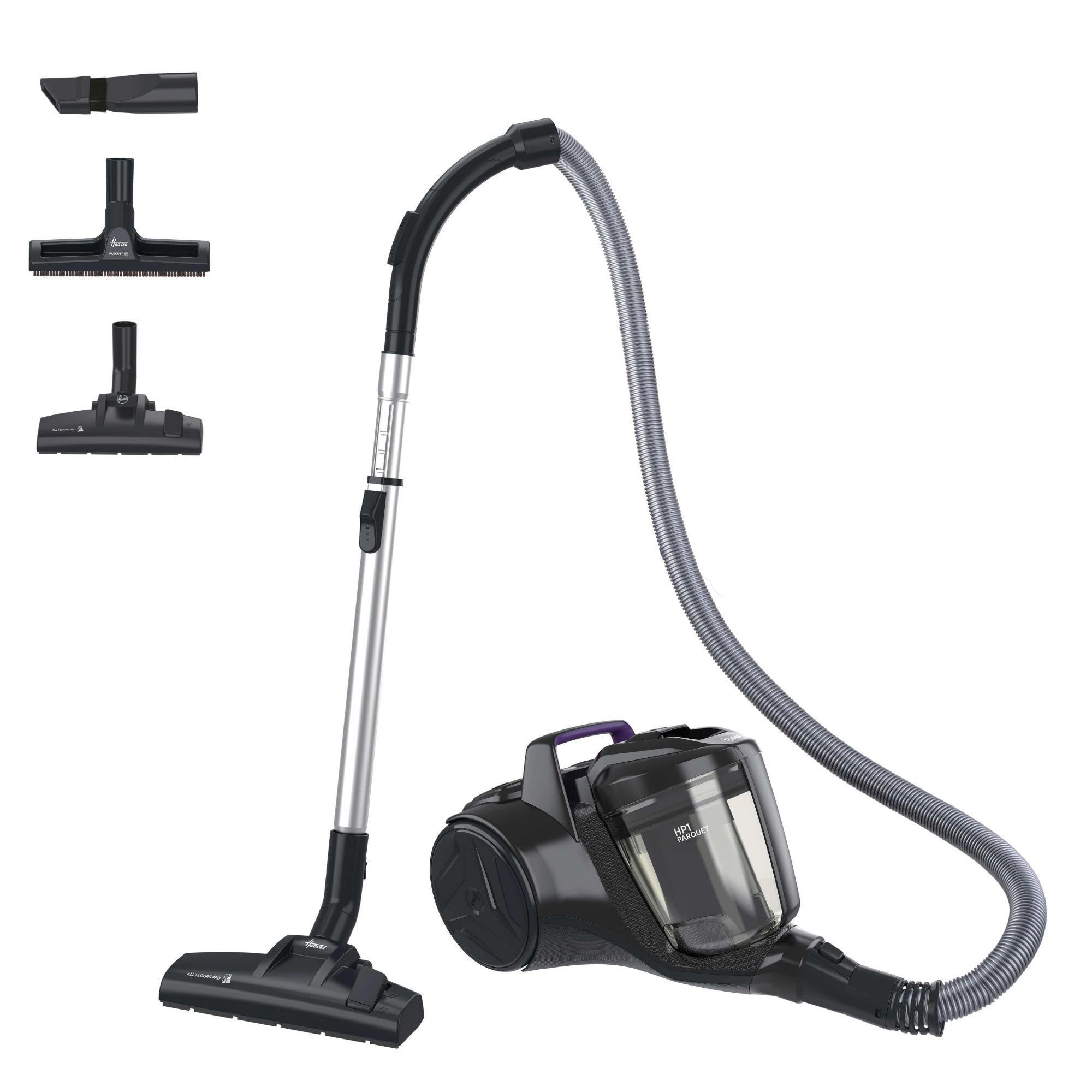 Hoover HP1 Staubsauger beutellos, leistungsstarker Bodenstaubsauger mit 2L-Behälter, EPA-Staubfilter, integriertem Zubehör, 7,5 m Arbeitsradius, ideal für Hartböden & Teppiche [HPZ107HM]