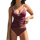 CUPSHE Women's Tankini Sets V Neck Two Piece Swimsuit Stitching Cutout Crisscross Adjustable Straps Bathing Suit