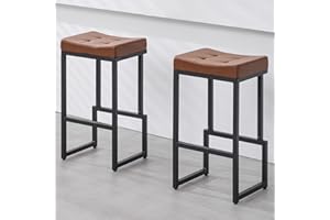 FIRAVOE Bar Stools Set of 2, 28" Counter Height Bar Stools, Faux Leather Barstools for Kitchen Island, Backless Saddle Stools with Metal Legs (Dark Brown, 2PCS 28" Bar Stools)