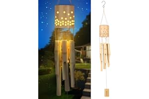 Bamboo Wind Chimes for Outside with Solar Accent Light, Outdoor Wooden Wind Chimes, 6 Bamboo Tubes, Deep Tone, Perfect for Pa