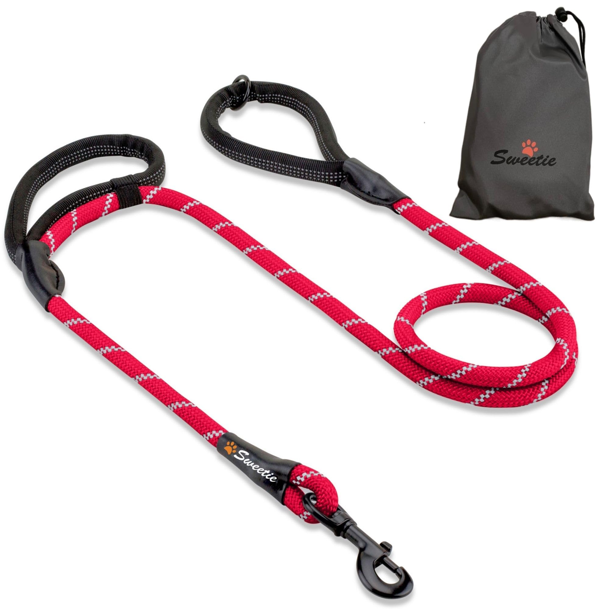 Rope Dog Lead, Red Strong Leash, 2 Padded Handles 5 FT - Medium, Large Dogs - Reflective, Weather Resistant.