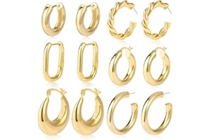 17KM 6 Pairs Chunky Gold Hoop Earrings Set for Women 14K Gold Plated Hypoallergenic Thick Open Huggie Hoop Set Jewelry for Christmas Gifts