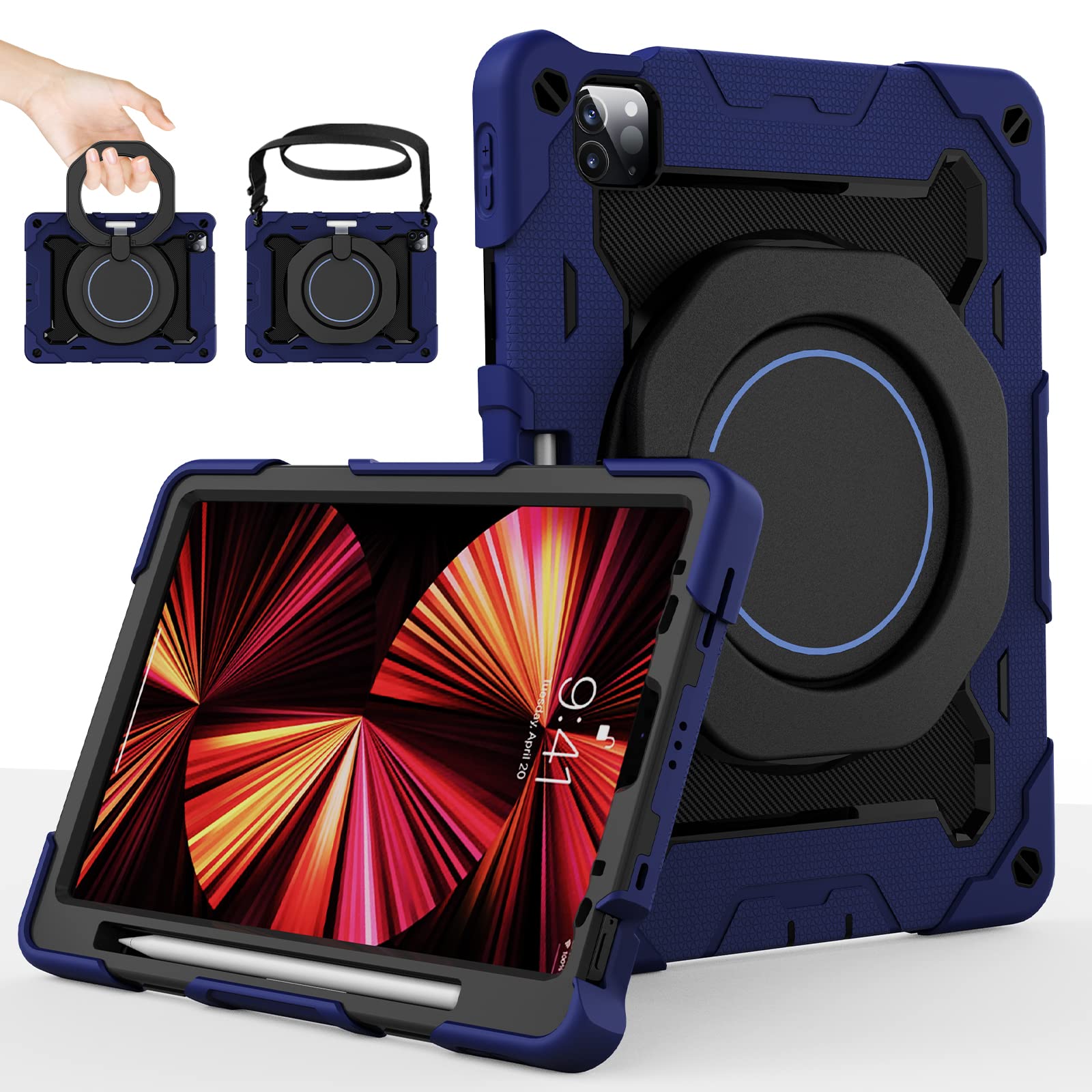 ROISKIN iPad Pro 11 inch Case 2022/2021/2020 (4th/3rd/2nd Generation) with Screen Protector,Heavy Duty Rugged Cover Also for iPad Air 5th/4th Generation Stand/Pencil Holder/Strap,Dark Blue