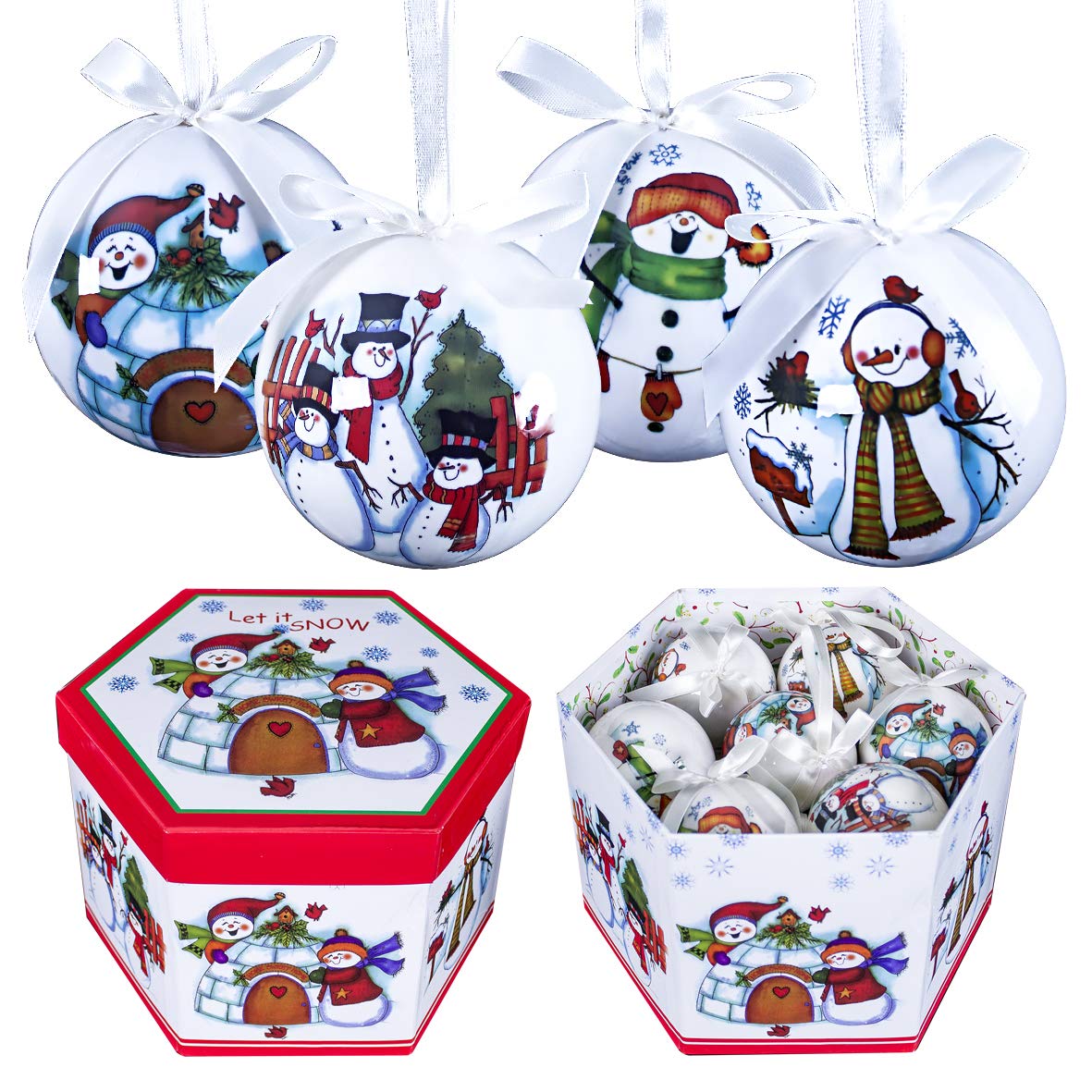 The Christmas Workshop Set of 14 Christmas Baubles/Various Festive Designs/Gift Boxed Christmas Tree Decorations / 7.5cm Diameter Baubles (White Cartoon Snowman)