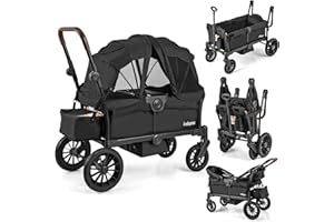 INFANS Wagon Stroller for 2 Kids, Collapsible Adjustable Push Pull Handle Bar, 2 Seater Stroller Wagon with Removable Canopy Snack Tray, Comfortable Drop-Down footwell and Upholstered Seats