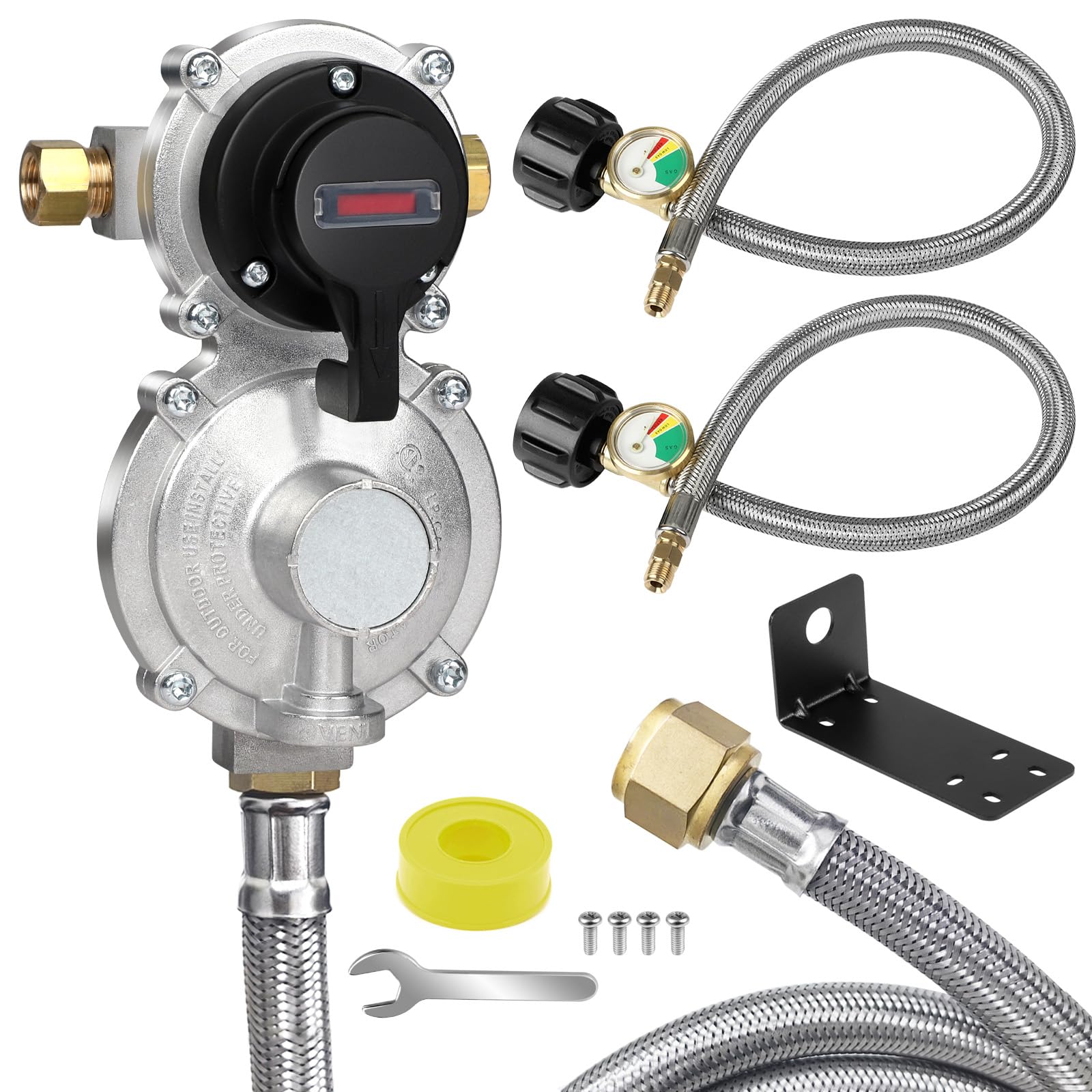 Photo 1 of NQN 2-Stage Automatic Changeover LP Propane Gas Regulator with 48'' Stainless Braided Regulator Hose Assemblies