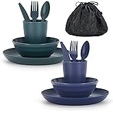 ReaNea Camping Mess Kit for 2 with Bowl, Plate, Cup, Spoon, Fork, Knife and Carry Bag, Plastic Camping Accessories Essentials