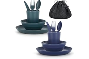 ReaNea Camping Mess Kit for 2 with Bowl, Plate, Cup, Spoon, Fork, Knife and Carry Bag, Plastic Camping Accessories Essentials