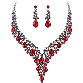 BriLove Women's Wedding Bridal Austrian Crystal Teardrop Flower Cluster Statement Necklace Dangle Earrings Jewelry Set for Party Prom