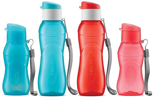 MILTON 4 pack 6 and 12 oz Kids Water Bottle for School Leak Free Flip Lid- Portable Small Sports Water Bottle for Adults Carry Strap Party Favors for Kids Prizes Gifts Goodie Bag Stuffers Bulk Pack