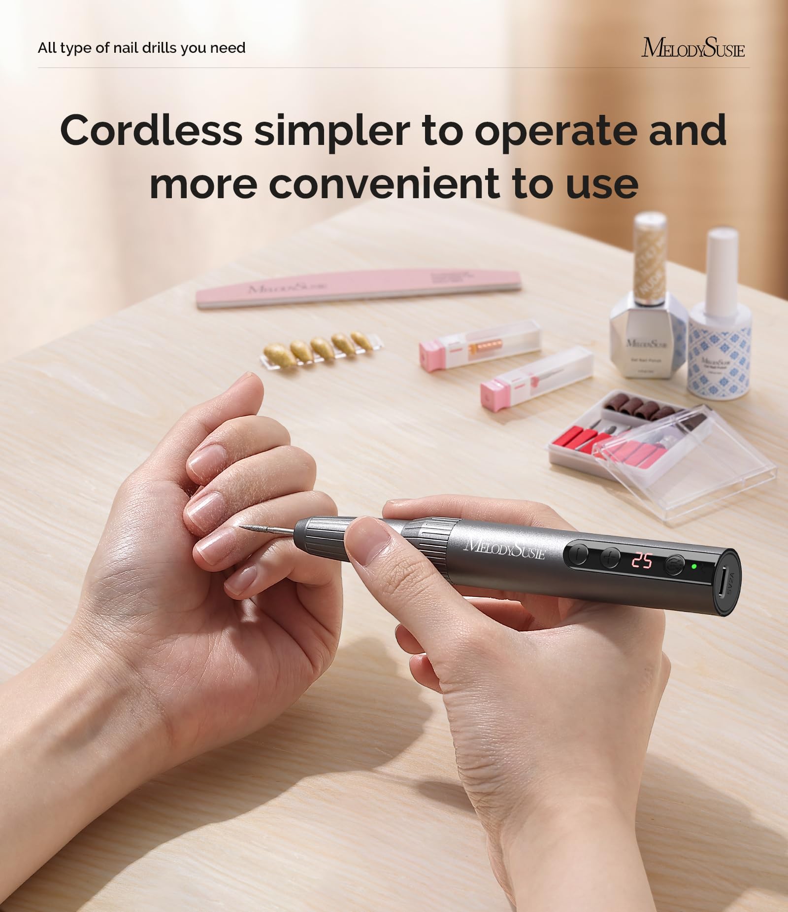MelodySusie Professional Cordless Electric Nail Drill：PC180E Rechargeable Portable 25000RPM Nail Efile for Acrylic Gel Dip Powder Nails, 25 Speeds with Nail Drill Bits Sanding Bands Gray - Image 3