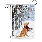 Louise Maelys Winter Garden Flag 12x18 Double Sided, Burlap Small Golden Retriever Dog Cardinal for Yard Winter Seasonal House Holiday Decor