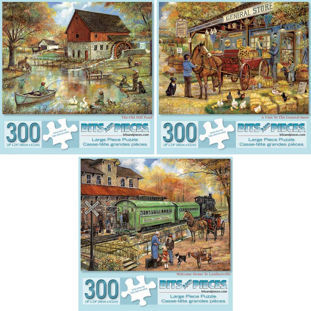 Bits and Pieces - Value Set of Three (3) 300 Piece Jigsaw Puzzles for Adults - Each Puzzle Measures 18" x 24" - The Old Mill Pond, General Store, Lambertville Jigsaws by Artist Ruane Manning