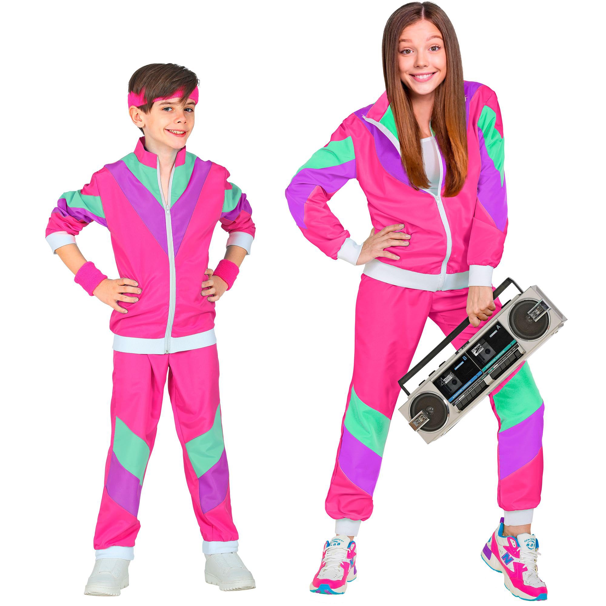 Widmann 98806 Children's Costume 80s Tracksuit, Jacket and Trousers, Comfortable to Wear, Jogging Suit, Retro Style, Bad Taste Party, Carnival, Striped, Multicoloured, 128
