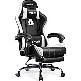 N-GEN GAMING Video Gaming Chair with Footrest Lumbar Support for Home Office High Back Recliner Height Adjustable Ergonomic Comfy Leather Computer Desk Chair (White)