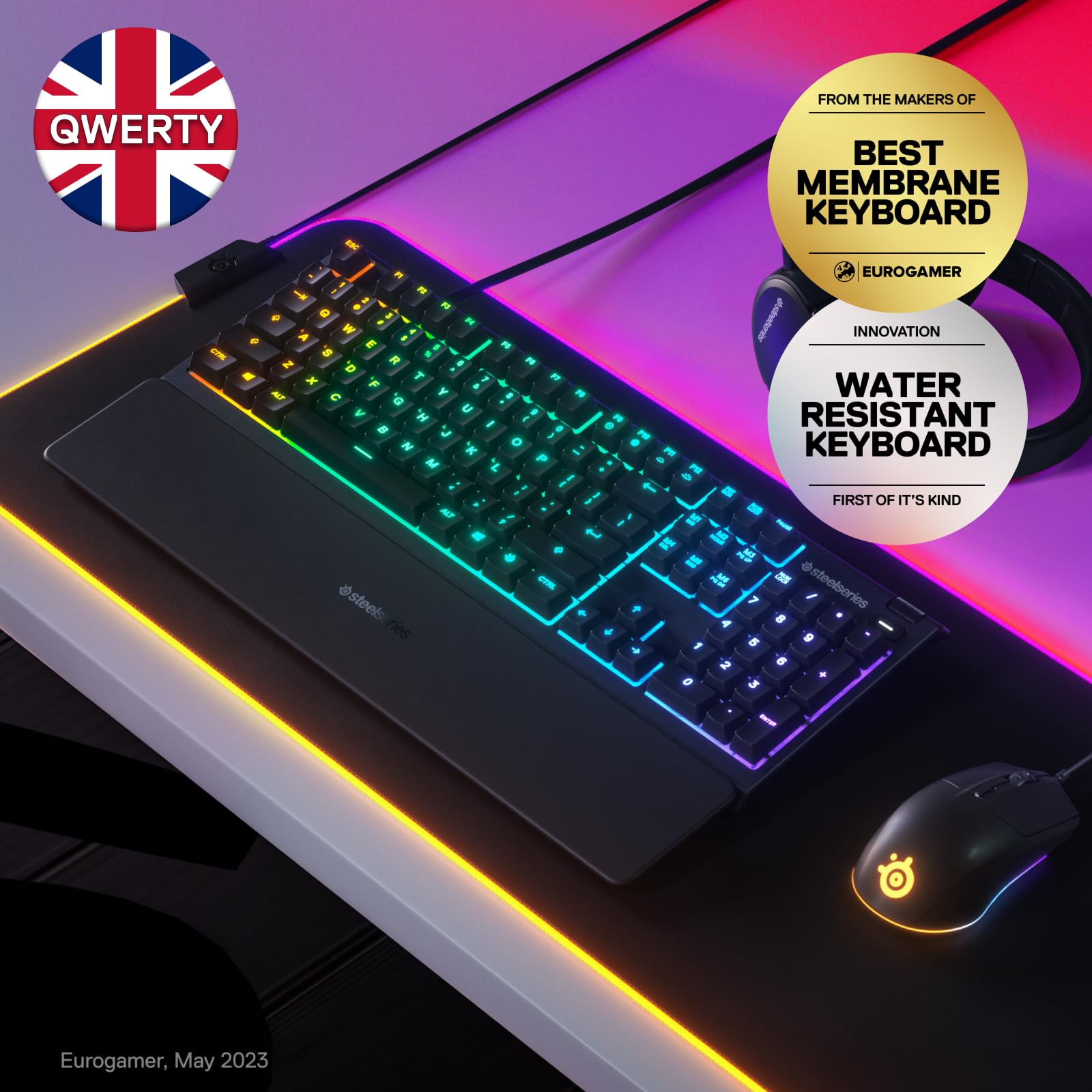 SteelSeries Apex 3 - Gaming Keyboard - Silent Gaming Keyboard - 10-Zone RGB Illumination - IP32 Water & Dust Resistant - Premium Magnetic Wrist Rest - English QWERTY Layout , Black