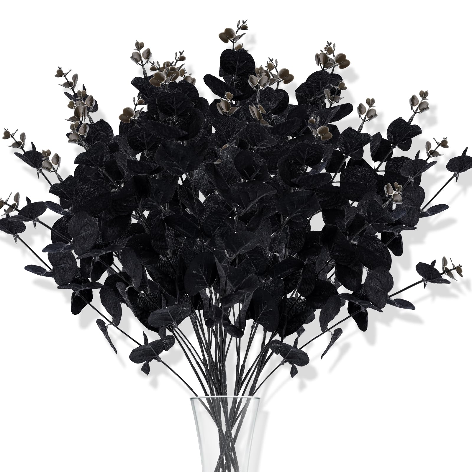 PEUTIER 10pcs Black Artificial Eucalyptus Stems Halloween Fake Flowers, Black Halloween Decorative Artificial Eucalyptus Leaves Realistic Flowers for Decoration Halloween Home Decor Party